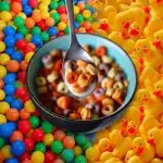 Cereal bowl with plastic toys in background