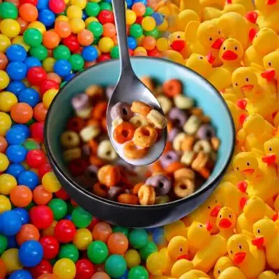 Cereal bowl with plastic toys in background