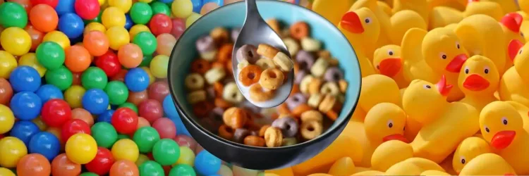 Cereal bowl with plastic toys in background